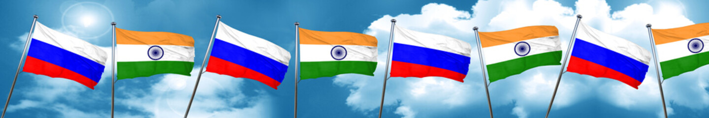 Russia flag with India flag, 3D rendering