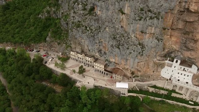 Aerial view at the Ostrog monastery in Ostroska Greda cliff. Montenegro
