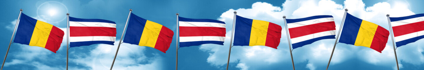 Romania flag with Costa Rica flag, 3D rendering