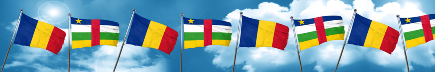Romania flag with Central African Republic flag, 3D rendering