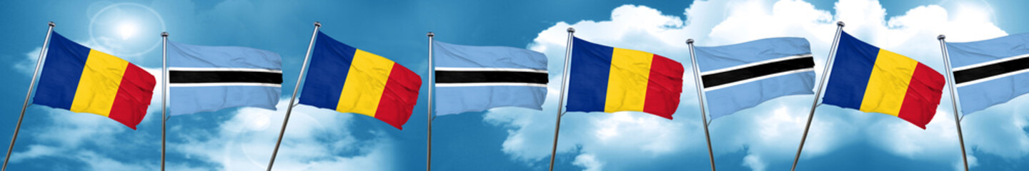 Romania flag with Botswana flag, 3D rendering