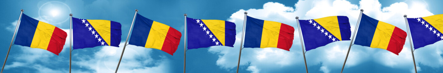 Romania flag with Bosnia and Herzegovina flag, 3D rendering