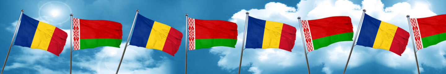 Romania flag with Belarus flag, 3D rendering