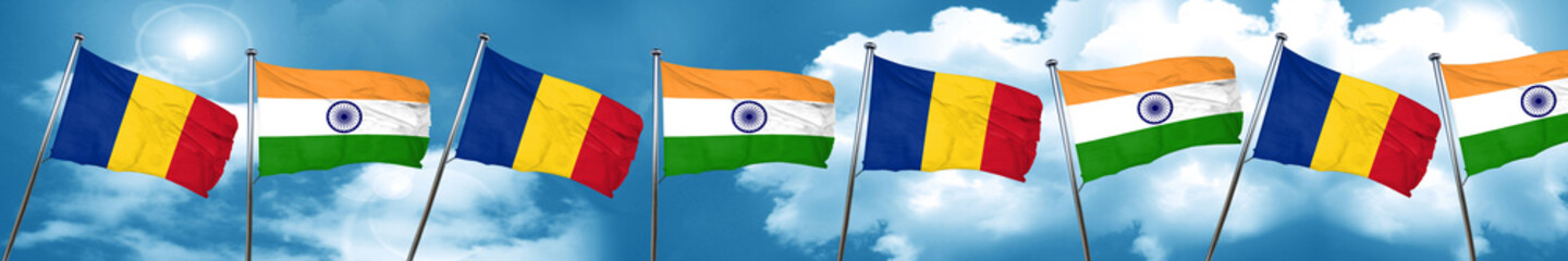 Romania flag with India flag, 3D rendering
