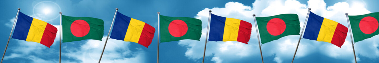 Romania flag with Bangladesh flag, 3D rendering