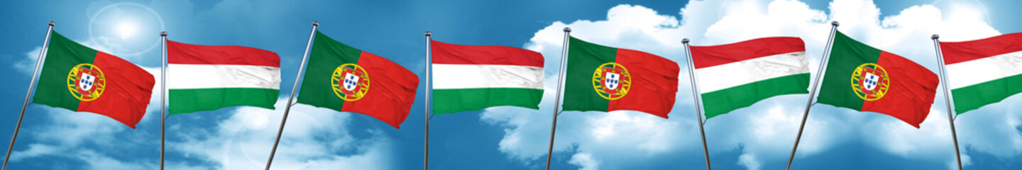 Portugal flag with Hungary flag, 3D rendering