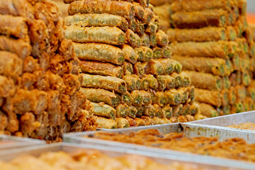Honey Baklava made in the form of a pyramid, the sweetness 