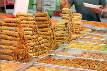 Honey Baklava made in the form of a pyramid, the sweetness table