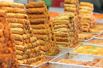 Honey Baklava made in the form of a pyramid, the sweetness table