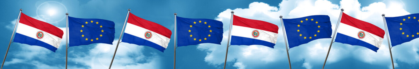 Paraguay flag with european union flag, 3D rendering