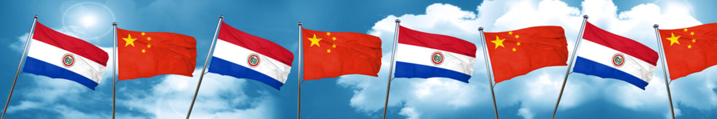Paraguay flag with China flag, 3D rendering