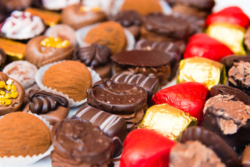 Close-up on variety of belgian chocolate pralines