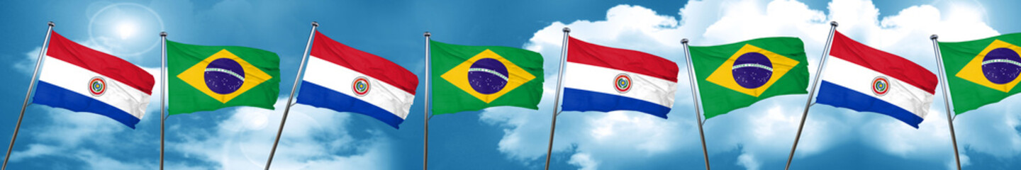 Paraguay flag with Brazil flag, 3D rendering