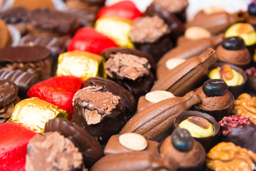 Close-up on variety of belgian chocolate pralines