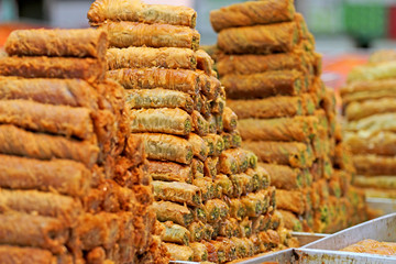 Honey Baklava made in the form of a pyramid, the sweetness 