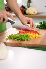 Close up of  woman's hands cooking in the kitchen. Housewife slicing ​​fresh salad. Vegetarian and healthily cooking concept
