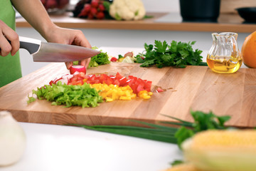 Close up of  woman's hands cooking in the kitchen. Housewife slicing ​​fresh salad. Vegetarian and healthily cooking concept