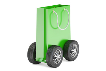 green shopping bag with wheels, delivery concept. 3D rendering