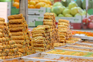 Honey Baklava made in the form of a pyramid, the sweetness sloyt