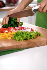 Close up of  woman's hands cooking in the kitchen. Housewife slicing ​​fresh salad. Vegetarian and healthily cooking concept