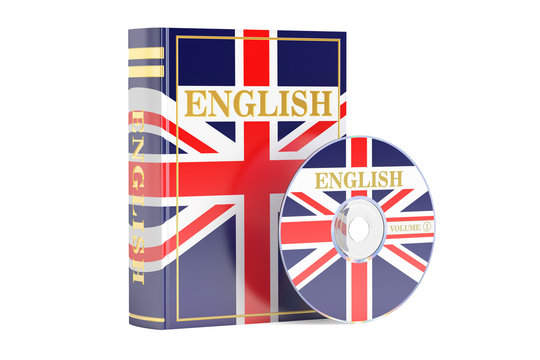 English book with flag of UK and CD disk, 3D rendering