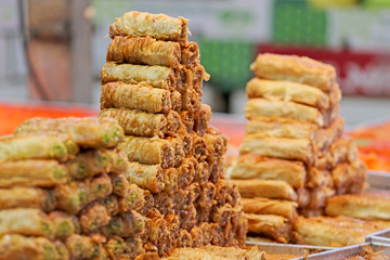 Honey Baklava made in the form of a pyramid, the sweetness 