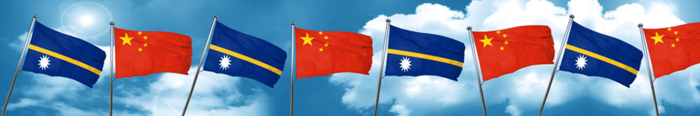 Nauru flag with China flag, 3D rendering