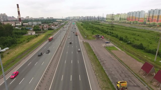 Urban circular highway at the north of St. Petersburg, Russia. Aerial view from drone
