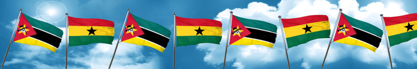 Mozambique flag with Ghana flag, 3D rendering