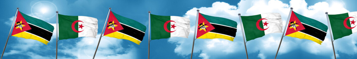 Fototapeta na wymiar Mozambique flag with Algeria flag, 3D rendering