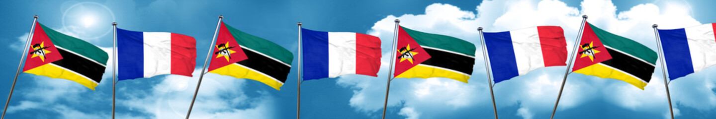 Mozambique flag with France flag, 3D rendering