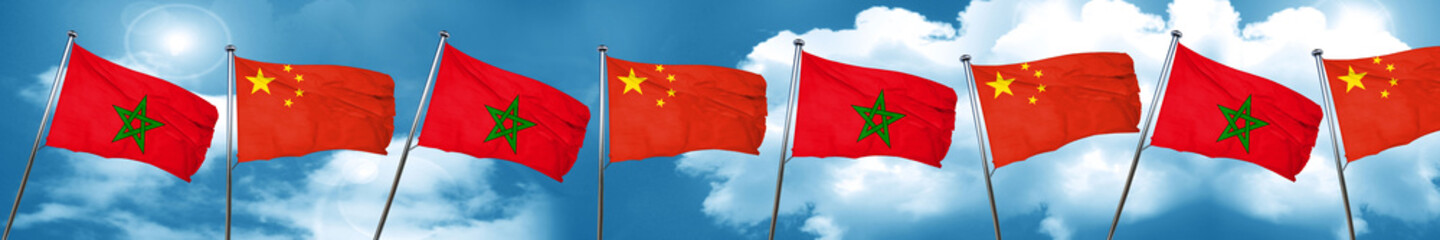 Morocco flag with China flag, 3D rendering