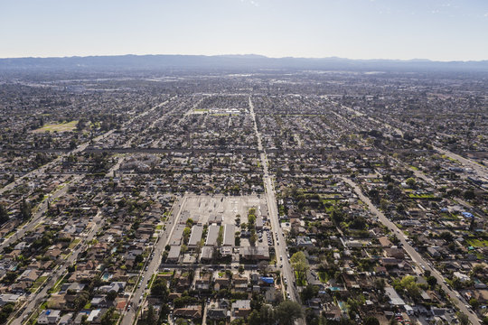 Aerial view of afternoon haze over the San Fernando Valley in Los Angeles California.