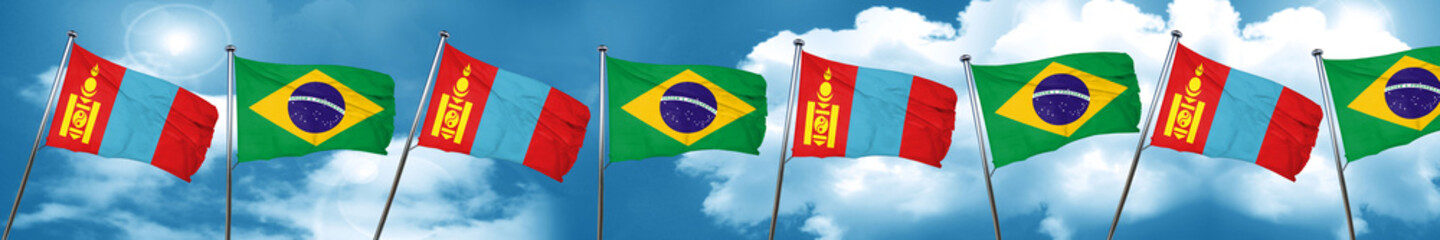 Mongolia flag with Brazil flag, 3D rendering
