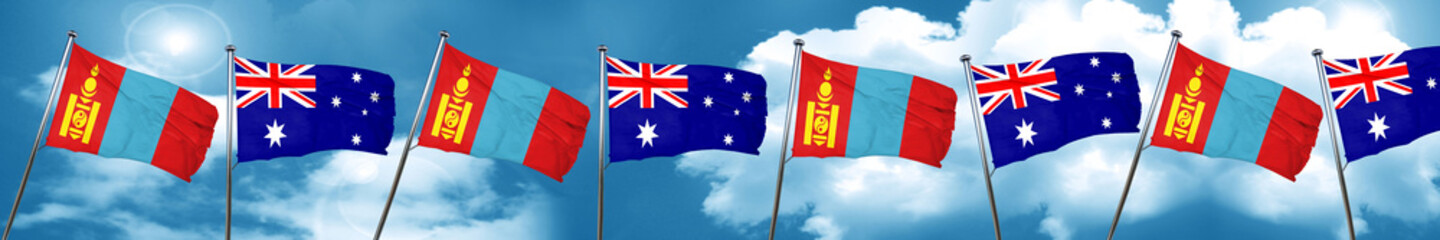 Mongolia flag with Australia flag, 3D rendering