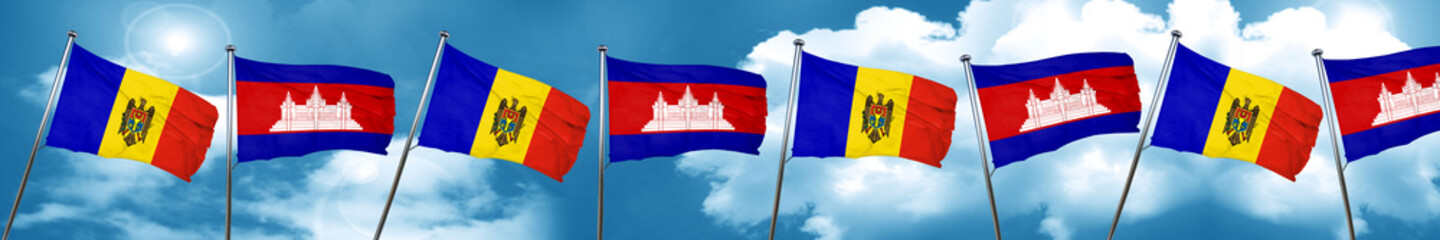 Moldova flag with Cambodia flag, 3D rendering