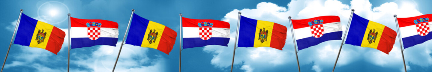 Moldova flag with Croatia flag, 3D rendering