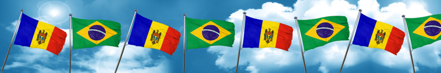 Moldova flag with Brazil flag, 3D rendering