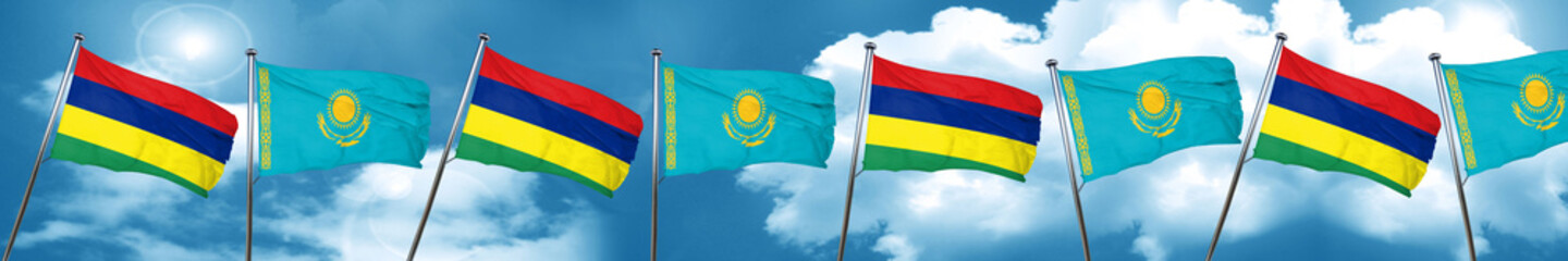 Mauritius flag with Kazakhstan flag, 3D rendering