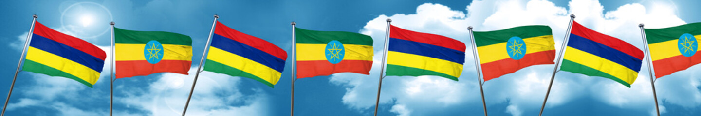 Mauritius flag with Ethiopia flag, 3D rendering