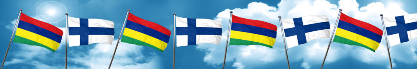 Mauritius flag with Finland flag, 3D rendering