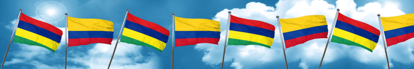 Mauritius flag with Colombia flag, 3D rendering