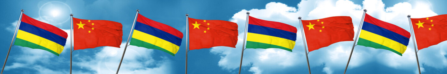 Mauritius flag with China flag, 3D rendering