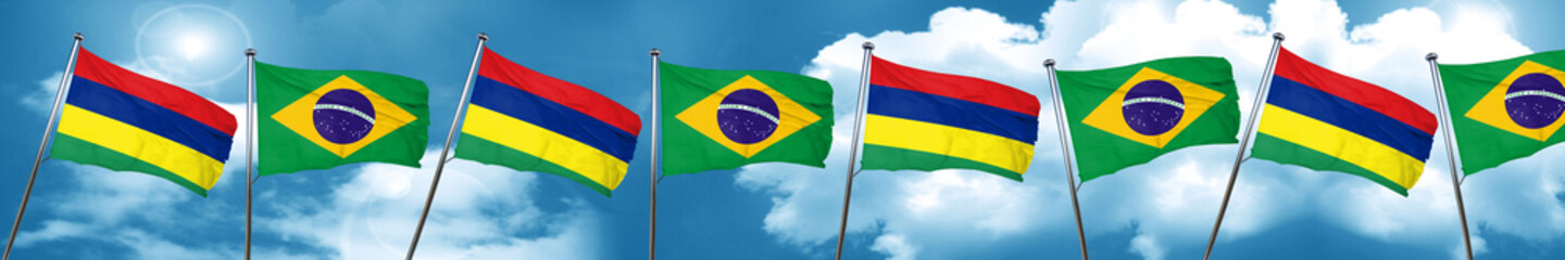 Mauritius flag with Brazil flag, 3D rendering