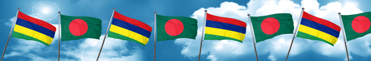 Mauritius flag with Bangladesh flag, 3D rendering