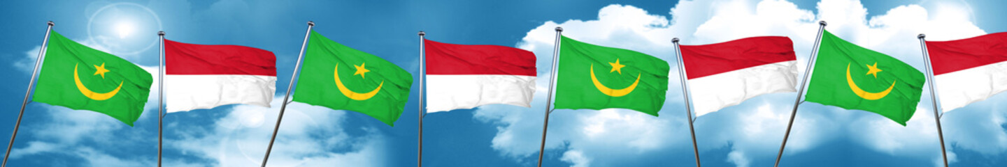 Mauritania flag with Indonesia flag, 3D rendering