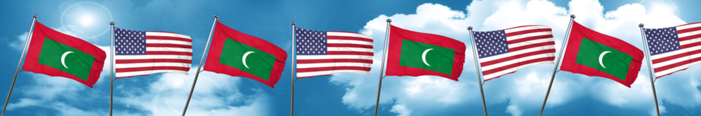Maldives flag with American flag, 3D rendering