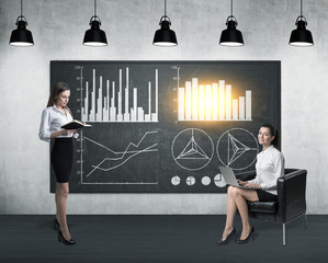 Two women near blackboard with four graphs