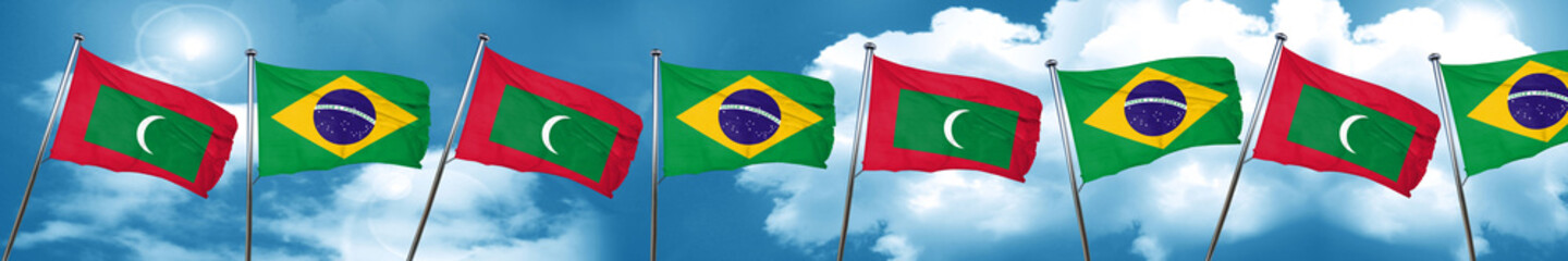 Maldives flag with Brazil flag, 3D rendering