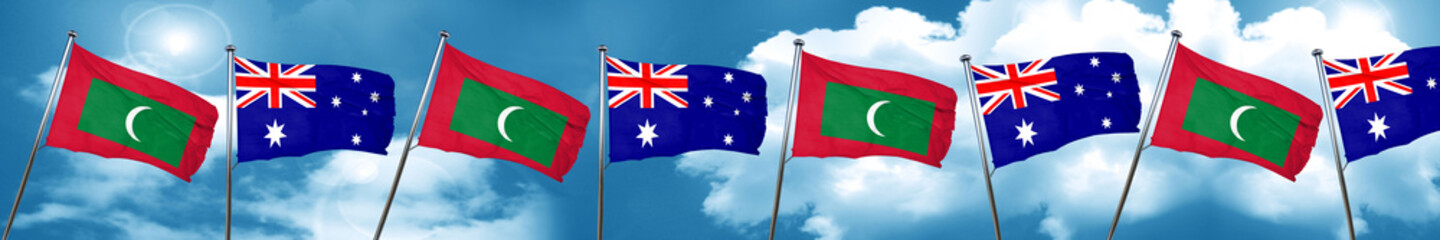 Maldives flag with Australia flag, 3D rendering